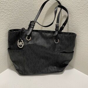 Michael Kors Black Logo Print Tote with MK Charm